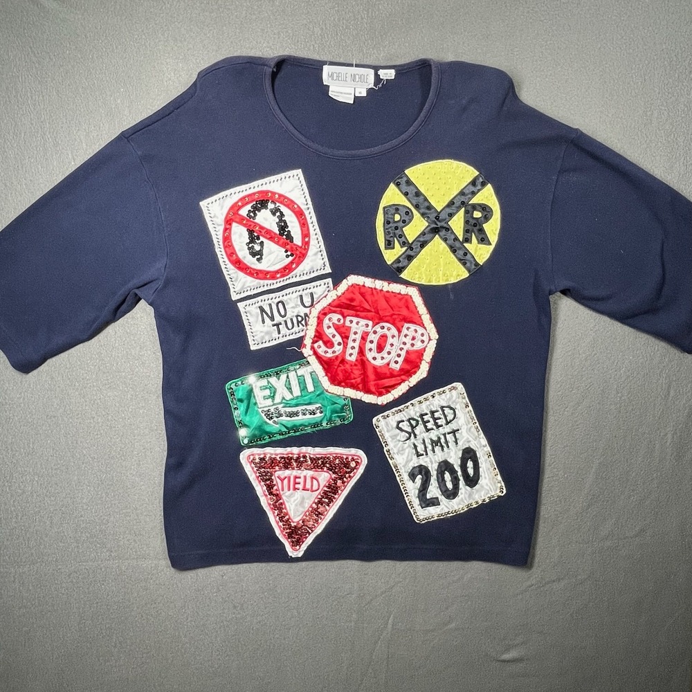 Michelle Nichole Women Sweatshirt Road Sign Sequin Graphic‎ Kitsch VTG XL